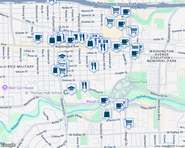 map of restaurants, bars, coffee shops, grocery stores, and more near 4317B Feagan Street in Houston