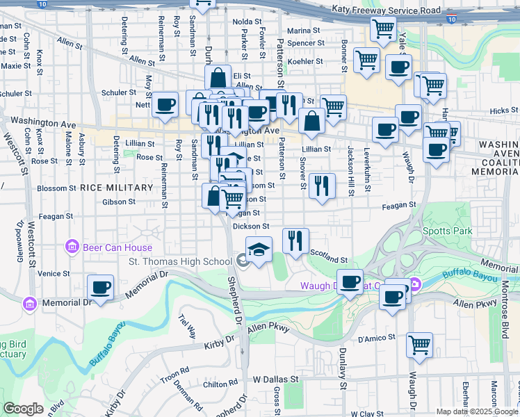 map of restaurants, bars, coffee shops, grocery stores, and more near 4601 Feagan Street in Houston