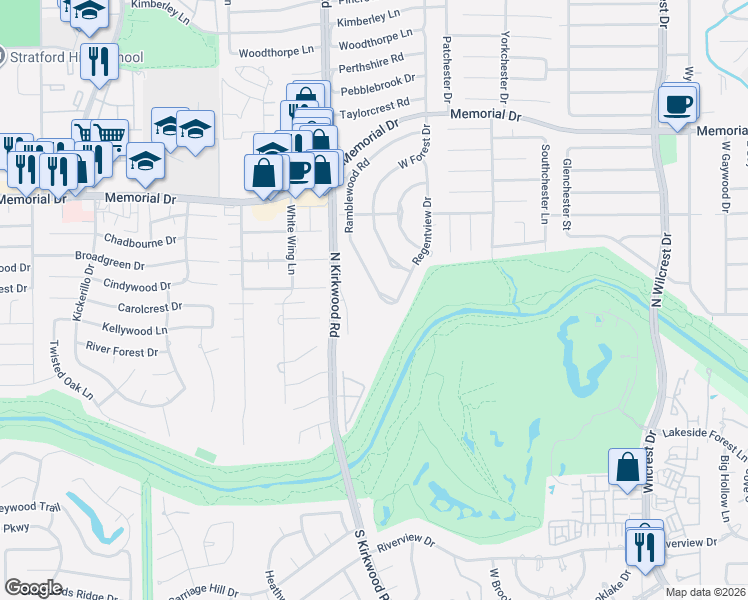 map of restaurants, bars, coffee shops, grocery stores, and more near 411 Ramblewood Road in Houston
