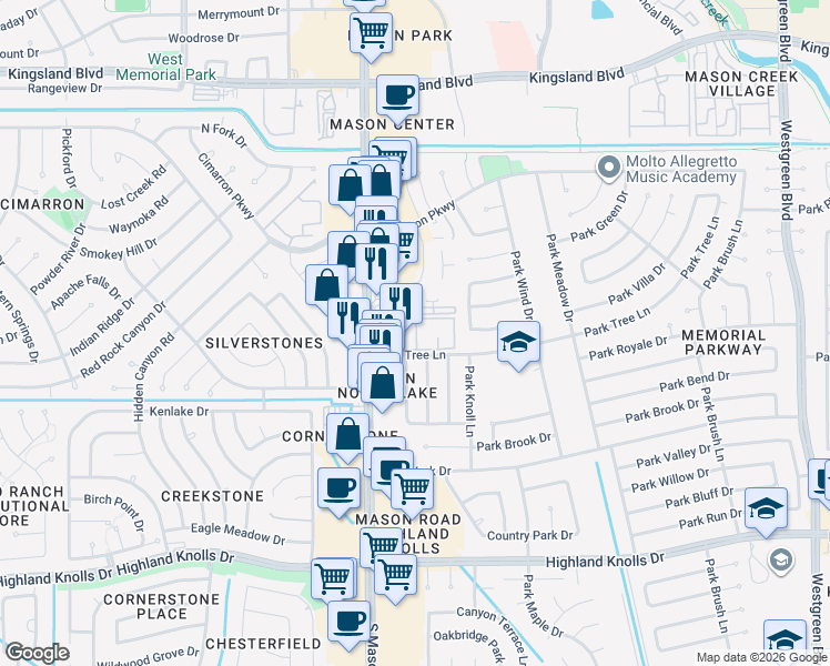 map of restaurants, bars, coffee shops, grocery stores, and more near 1007 South Mason Road in Katy