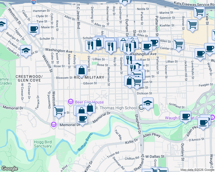 map of restaurants, bars, coffee shops, grocery stores, and more near 5201 Feagan Street in Houston