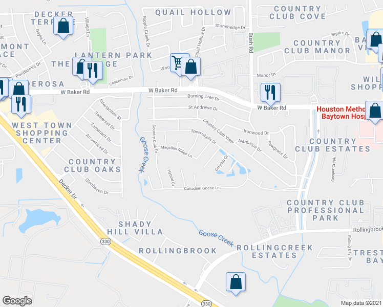 map of restaurants, bars, coffee shops, grocery stores, and more near 4002 Emperor Valley Lane in Baytown