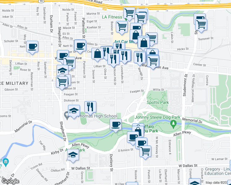 map of restaurants, bars, coffee shops, grocery stores, and more near Feagan St & Jackson Hill St in Houston