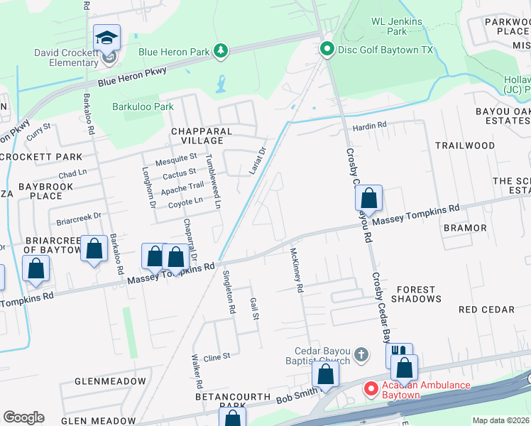 map of restaurants, bars, coffee shops, grocery stores, and more near 3905 Derek Drive in Baytown
