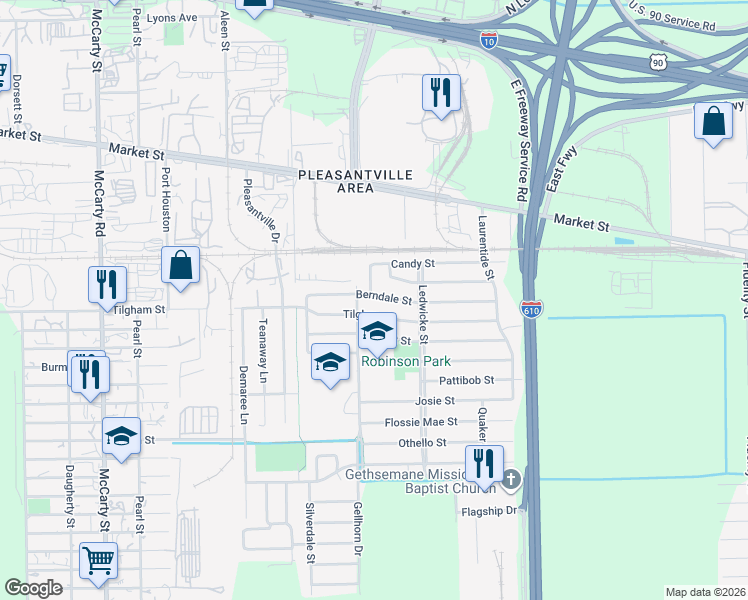 map of restaurants, bars, coffee shops, grocery stores, and more near 8607 Tilgham Street in Houston