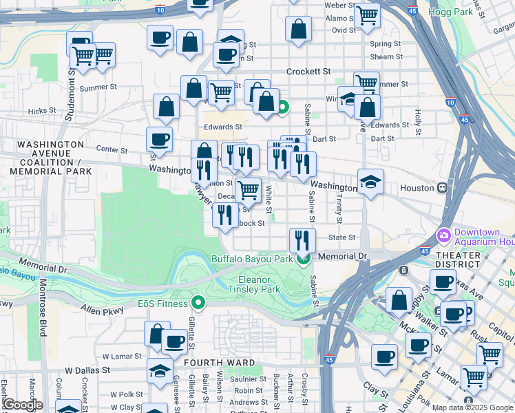 map of restaurants, bars, coffee shops, grocery stores, and more near 2015 Kane Street in Houston