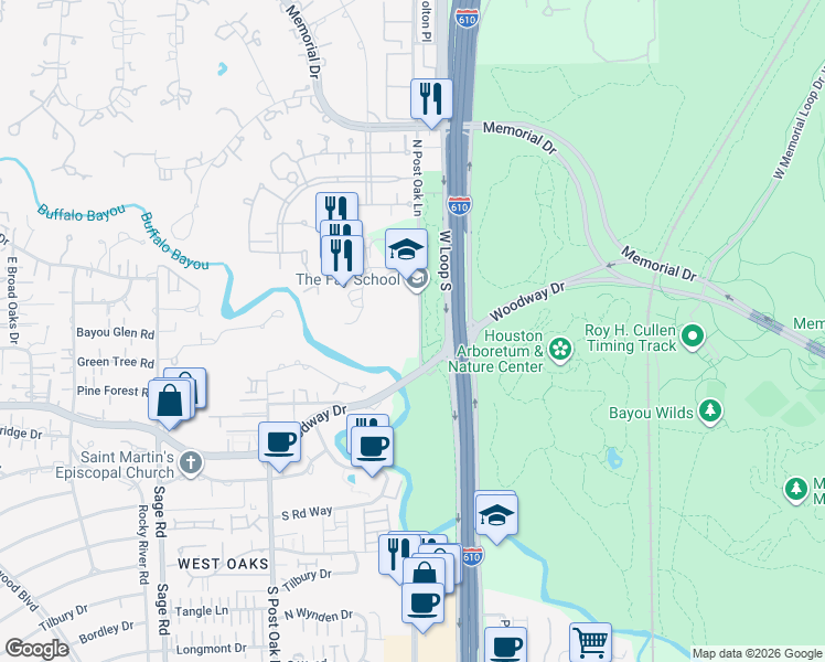 map of restaurants, bars, coffee shops, grocery stores, and more near 99 North Post Oak Lane in Houston