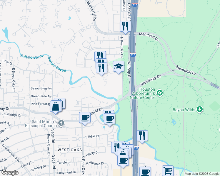 map of restaurants, bars, coffee shops, grocery stores, and more near 123 North Post Oak Lane in Houston