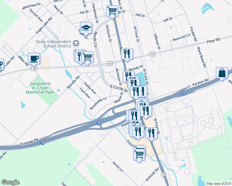 map of restaurants, bars, coffee shops, grocery stores, and more near 104 Brookside Lane in Sealy