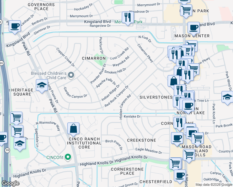 map of restaurants, bars, coffee shops, grocery stores, and more near 1030 Red Rock Canyon Drive in Katy