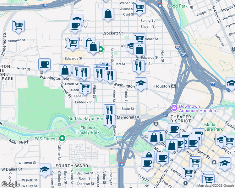 map of restaurants, bars, coffee shops, grocery stores, and more near 1616 Lubbock Street in Houston