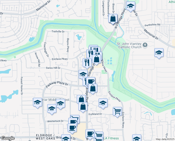 map of restaurants, bars, coffee shops, grocery stores, and more near 1250 Eldridge Parkway in Houston