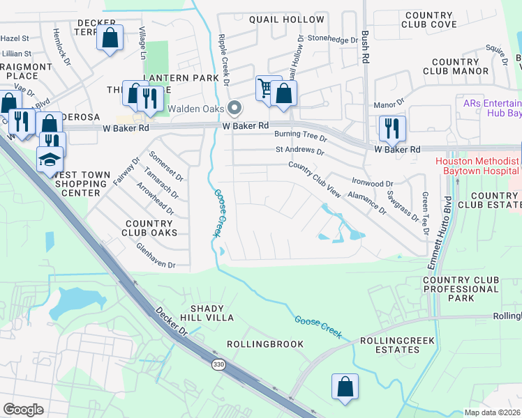 map of restaurants, bars, coffee shops, grocery stores, and more near 4002 Emperor Valley Lane in Baytown