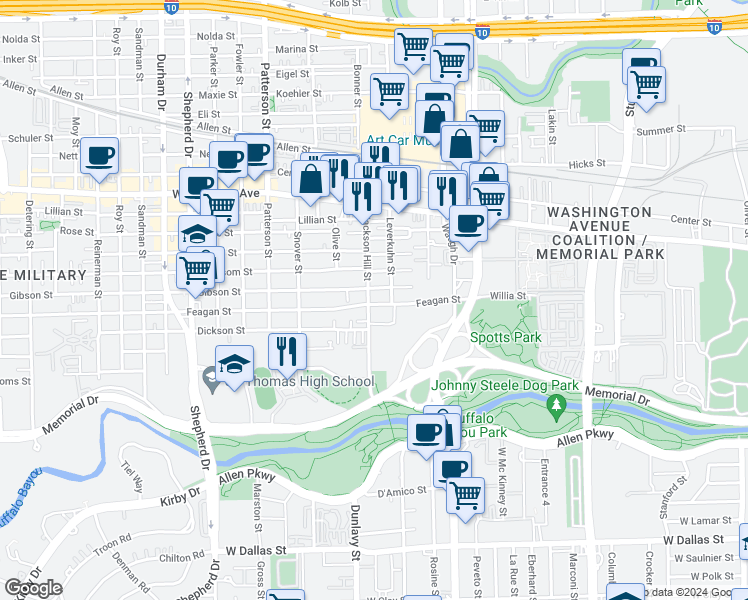 map of restaurants, bars, coffee shops, grocery stores, and more near 510 Jackson Hill Street in Houston
