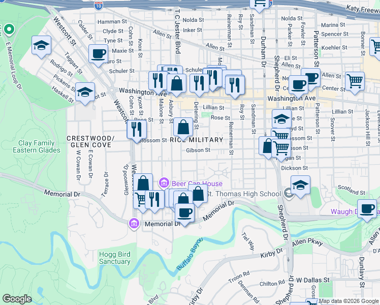 map of restaurants, bars, coffee shops, grocery stores, and more near 5404 Feagan Street in Houston