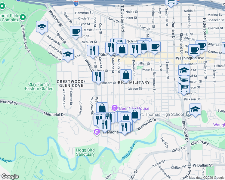 map of restaurants, bars, coffee shops, grocery stores, and more near 5702 Feagan Street in Houston