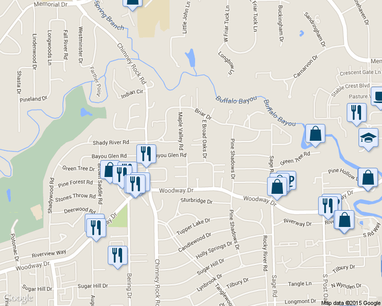 map of restaurants, bars, coffee shops, grocery stores, and more near 5605 Bayou Glen Road in Houston