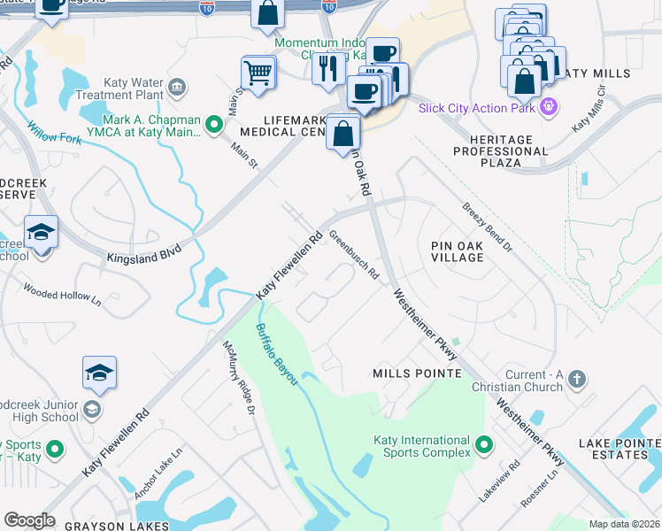 map of restaurants, bars, coffee shops, grocery stores, and more near 24918 Bridgeton Meadow Lane in Katy