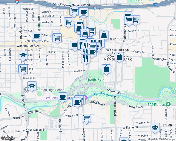 map of restaurants, bars, coffee shops, grocery stores, and more near 229 South Heights Boulevard in Houston