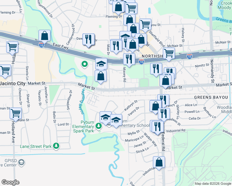 map of restaurants, bars, coffee shops, grocery stores, and more near 12130 Coulson Circle in Houston