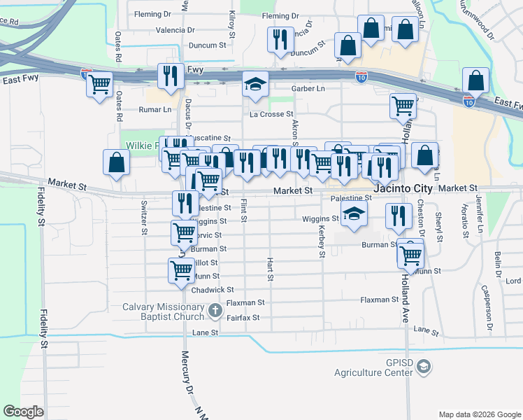 map of restaurants, bars, coffee shops, grocery stores, and more near 10522 Wiggins Street in Houston