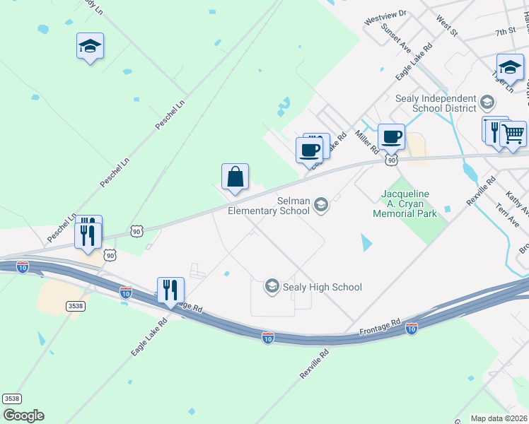 map of restaurants, bars, coffee shops, grocery stores, and more near 1749 Eagle Lake Road in Sealy
