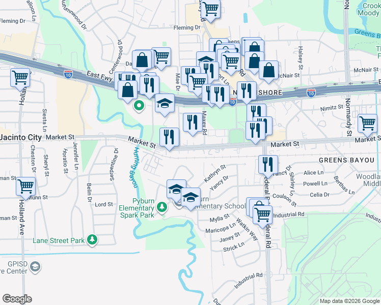 map of restaurants, bars, coffee shops, grocery stores, and more near 12130 Coulson Circle in Houston