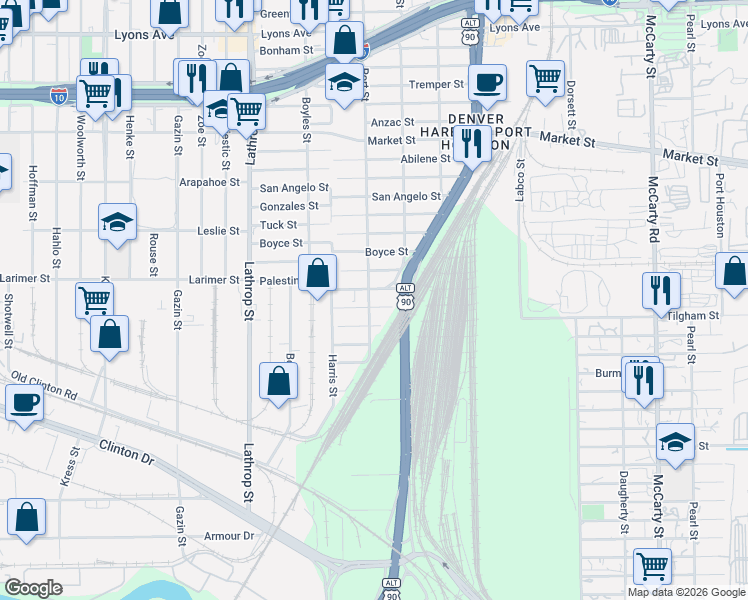 map of restaurants, bars, coffee shops, grocery stores, and more near 7220 Karnes Street in Houston