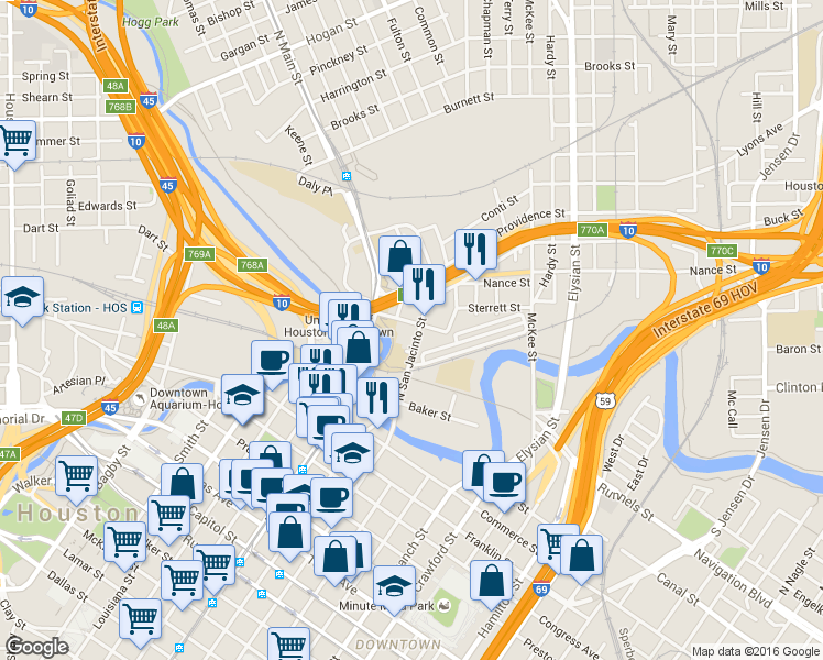 map of restaurants, bars, coffee shops, grocery stores, and more near 810 North San Jacinto Street in Houston