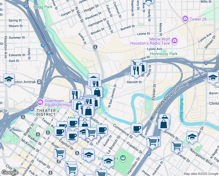 map of restaurants, bars, coffee shops, grocery stores, and more near 810 North San Jacinto Street in Houston