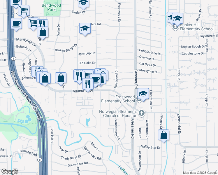 map of restaurants, bars, coffee shops, grocery stores, and more near 12421 Memorial Drive in Houston