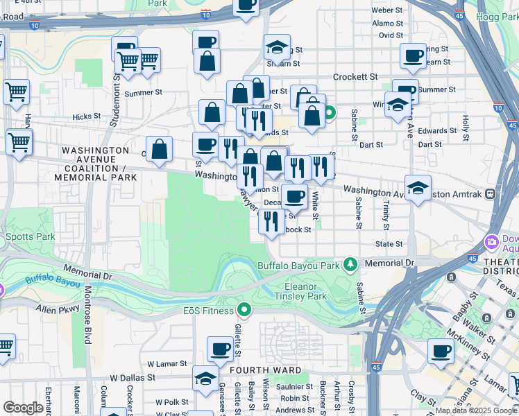 map of restaurants, bars, coffee shops, grocery stores, and more near 2315 Kane Street in Houston