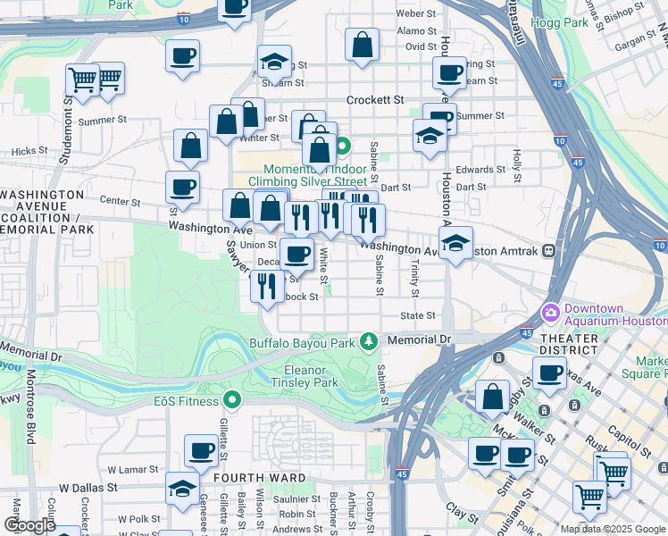 map of restaurants, bars, coffee shops, grocery stores, and more near 1900 Kane Street in Houston