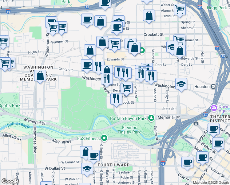 map of restaurants, bars, coffee shops, grocery stores, and more near 2119 Kane Street in Houston