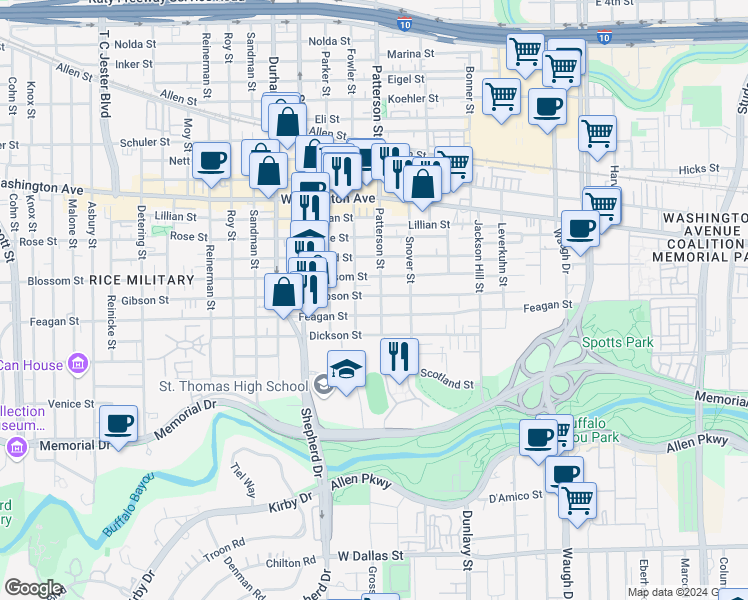 map of restaurants, bars, coffee shops, grocery stores, and more near 330 Patterson Street in Houston