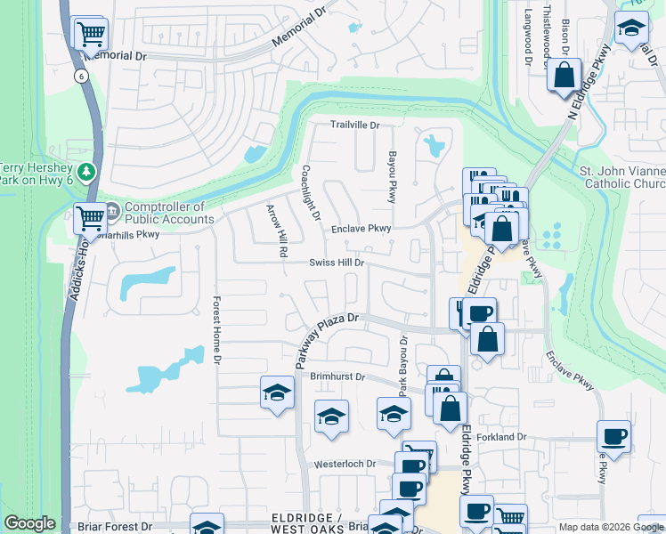 map of restaurants, bars, coffee shops, grocery stores, and more near 1143 Sienna Hill Drive in Houston