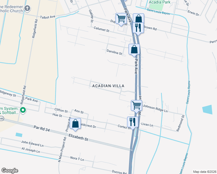 map of restaurants, bars, coffee shops, grocery stores, and more near 1-2298 Gabreten Lane in Thibodaux