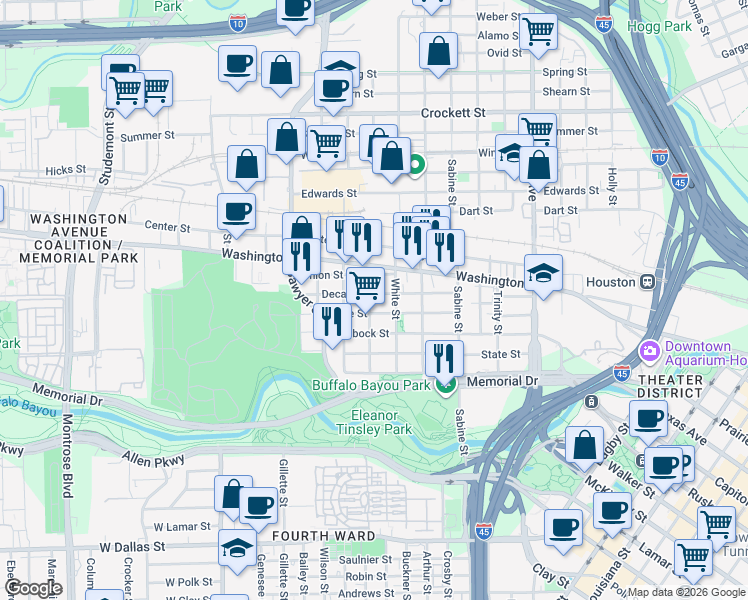 map of restaurants, bars, coffee shops, grocery stores, and more near 2015 Kane Street in Houston
