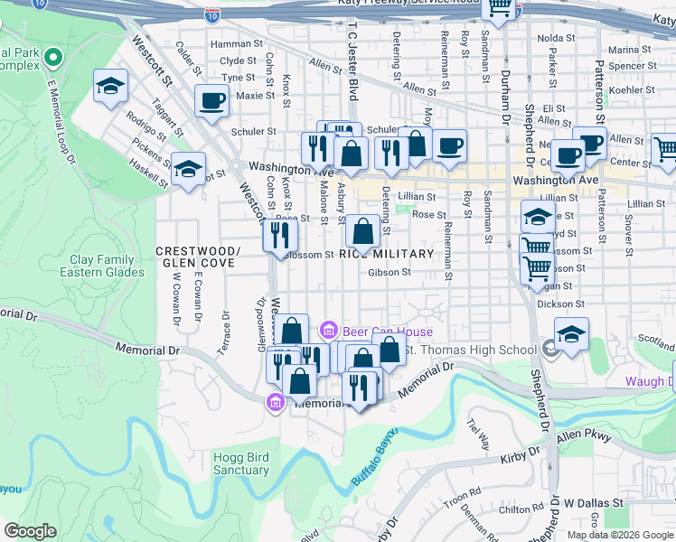 map of restaurants, bars, coffee shops, grocery stores, and more near 5504 Feagan Street in Houston