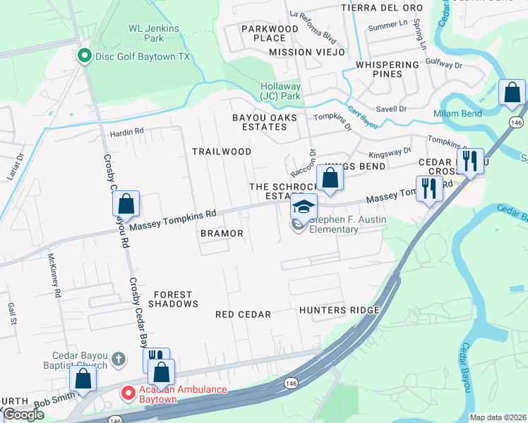 map of restaurants, bars, coffee shops, grocery stores, and more near 2926 Massey Tompkins Road in Baytown
