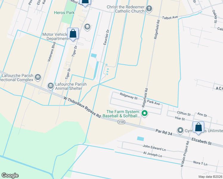 map of restaurants, bars, coffee shops, grocery stores, and more near 233 Ridgeway Street in Thibodaux