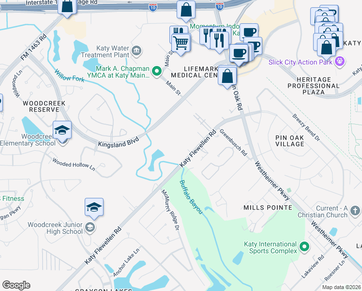 map of restaurants, bars, coffee shops, grocery stores, and more near 1550 Katy Flewellen Road in Katy