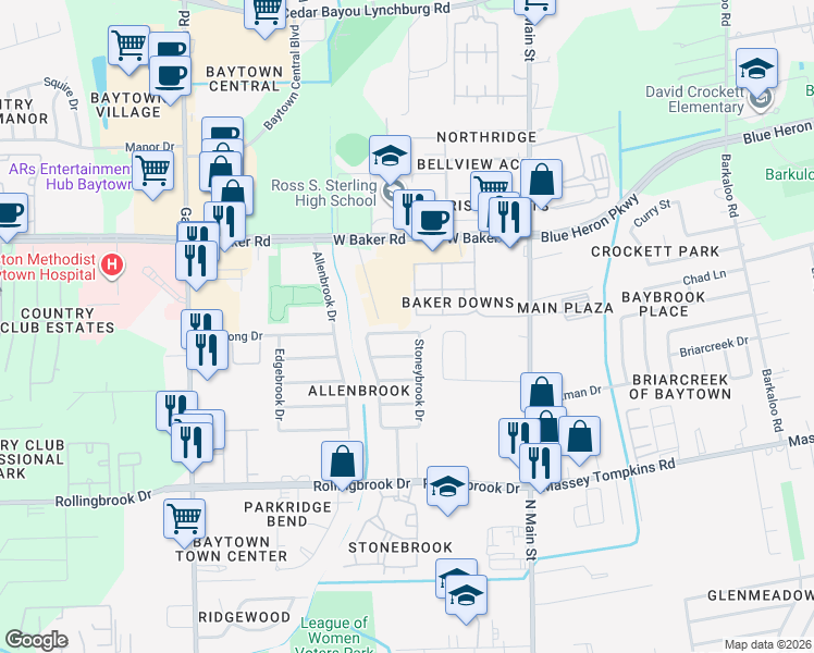 map of restaurants, bars, coffee shops, grocery stores, and more near 608 Meadowlark Lane in Baytown