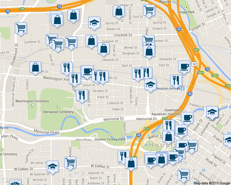 map of restaurants, bars, coffee shops, grocery stores, and more near 1817 Decatur Street in Houston