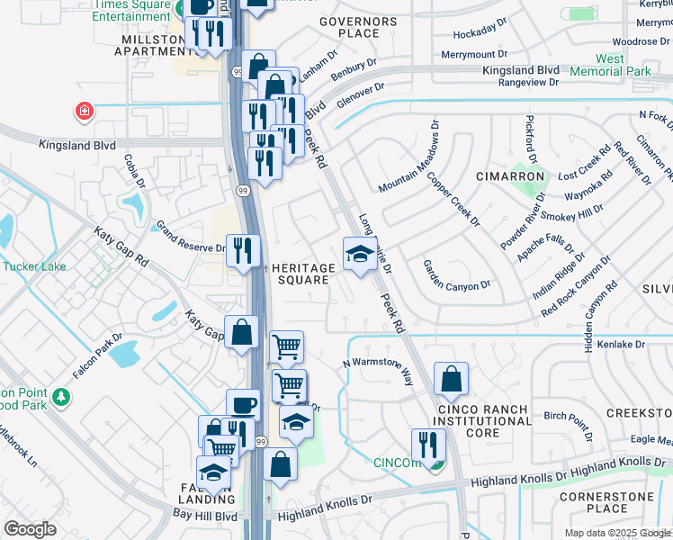 map of restaurants, bars, coffee shops, grocery stores, and more near 919 Cascade Ridge in Katy