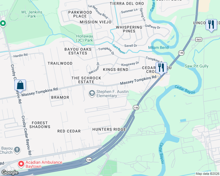 map of restaurants, bars, coffee shops, grocery stores, and more near 3319 Massey Tompkins Road in Baytown