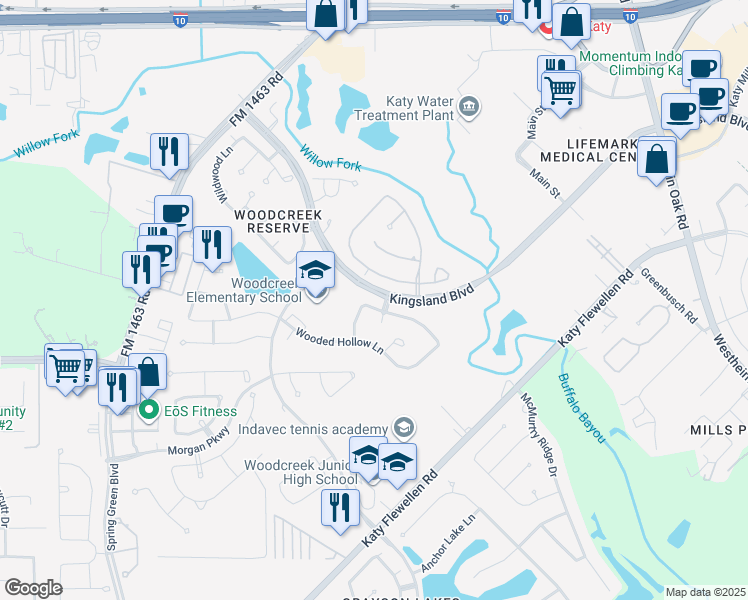map of restaurants, bars, coffee shops, grocery stores, and more near 26207 Kingsgate Lane in Katy