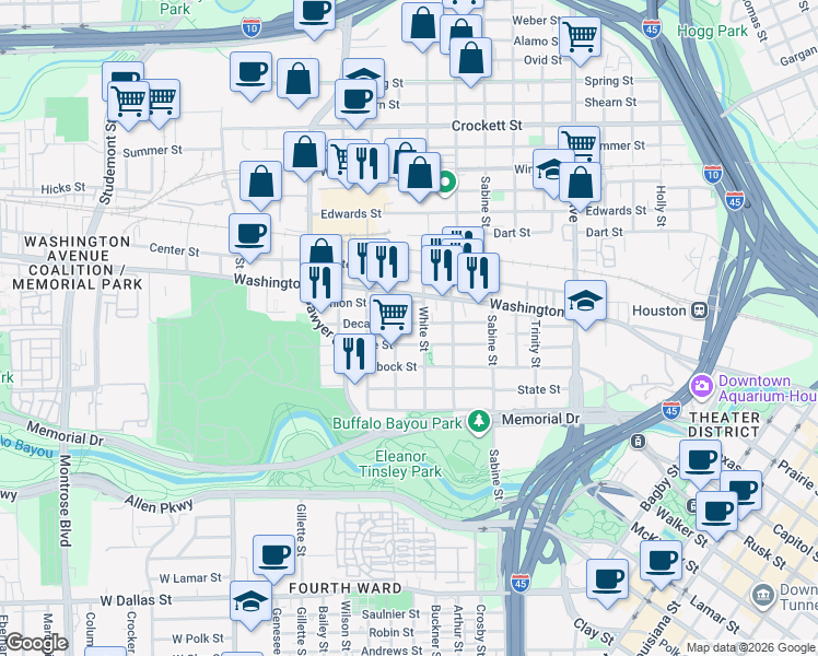 map of restaurants, bars, coffee shops, grocery stores, and more near 2011 Union Street in Houston