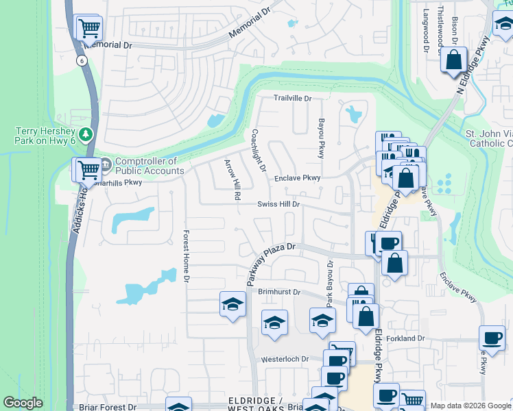 map of restaurants, bars, coffee shops, grocery stores, and more near 1114 Coachlight Drive in Houston