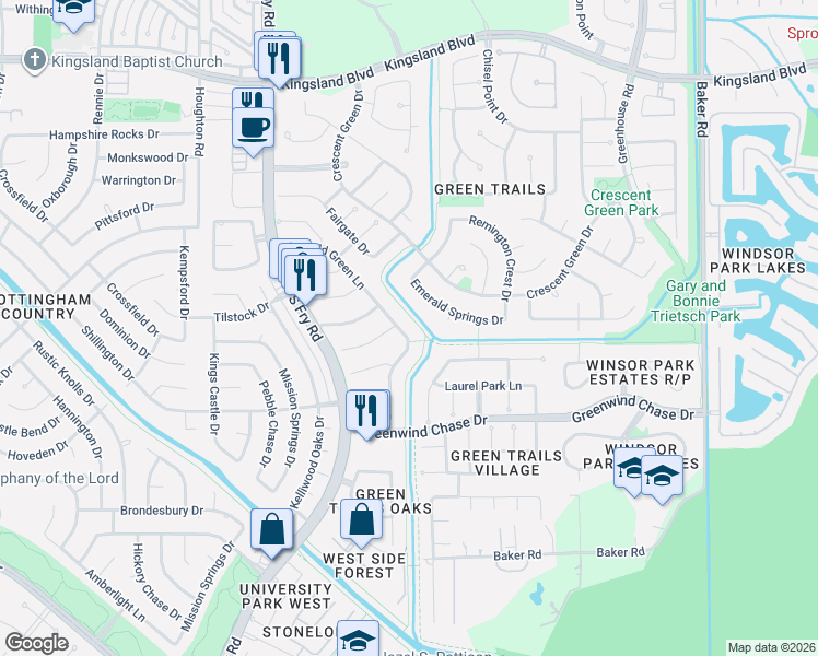 map of restaurants, bars, coffee shops, grocery stores, and more near 1415 Emerald Green Lane in Houston